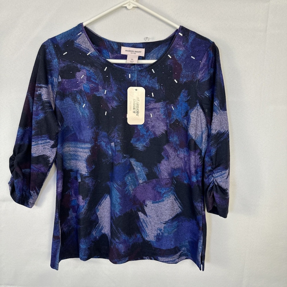 Allison Daley Petites Sz Small Woman's 3/4 Sleeves Blouse Blue Purple Embelished